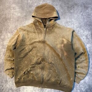Vintage Faded Distressed Thrashed Zip Up Hoodie Mens XL Green Tan Brown
